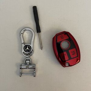 Mercedes Key Fob Keychain in Silver with Logo & Fob Case Cover in Red NWT